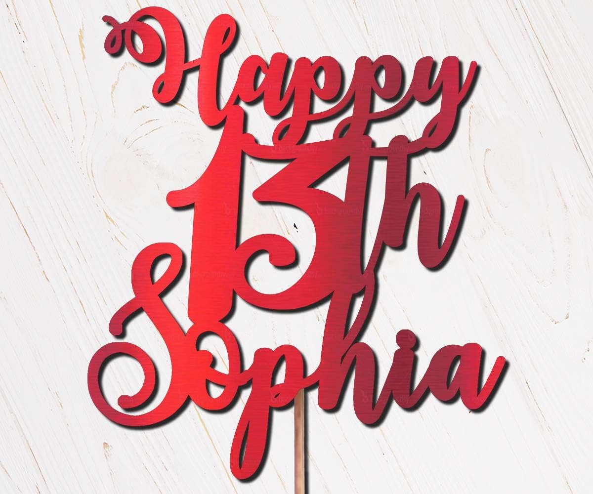 DindindiesDesigns Personalised Cake Toppers Birthday Happy 13th Mirror Red (Any Age or Name)