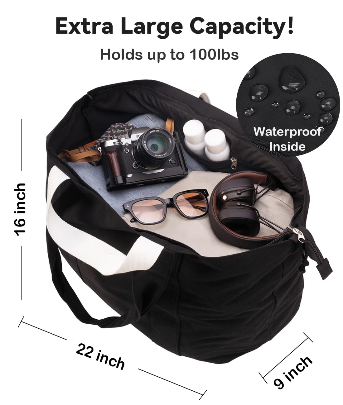 Bagelite 22'' 50L Large Canvas Bag, Extra Large Tote Bag for Women, Overnight Bags for Travel