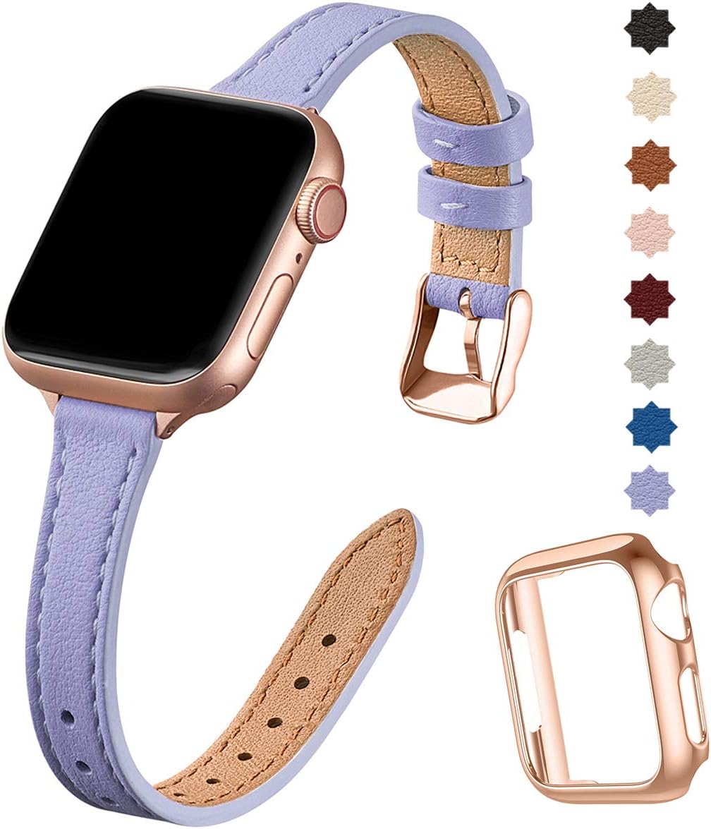 SUNFWR Compatible with Apple Watch Strap 38mm 40mm 41mm,Genuine Leather Strap Replacement,Slim&Thin Wristband for iwatch Series 7/6/5/4/3/2/1,SE(38mm 40mm 41mm,Purple&Rosegold)