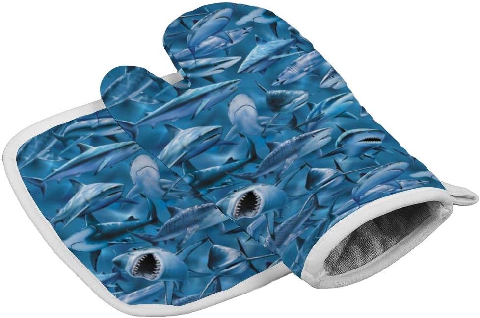 QSMX Oven Mitts and Pot Holder Set Heat Resistant Cotton Hot Pad Non-Slip Microwave Gloves for Baking and Kitchen (Shark Feeding Frenzy Great White Diving Pattern)