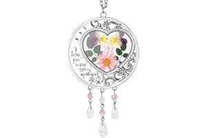 BOGDAN I Love You Mom Suncatcher with Pressed Flower Mother's Day Heart Shape Stained Glass Wind Chime Ornament Charm with Metal Heart Gifts for Mother Grandma Aunt Friend Birthday