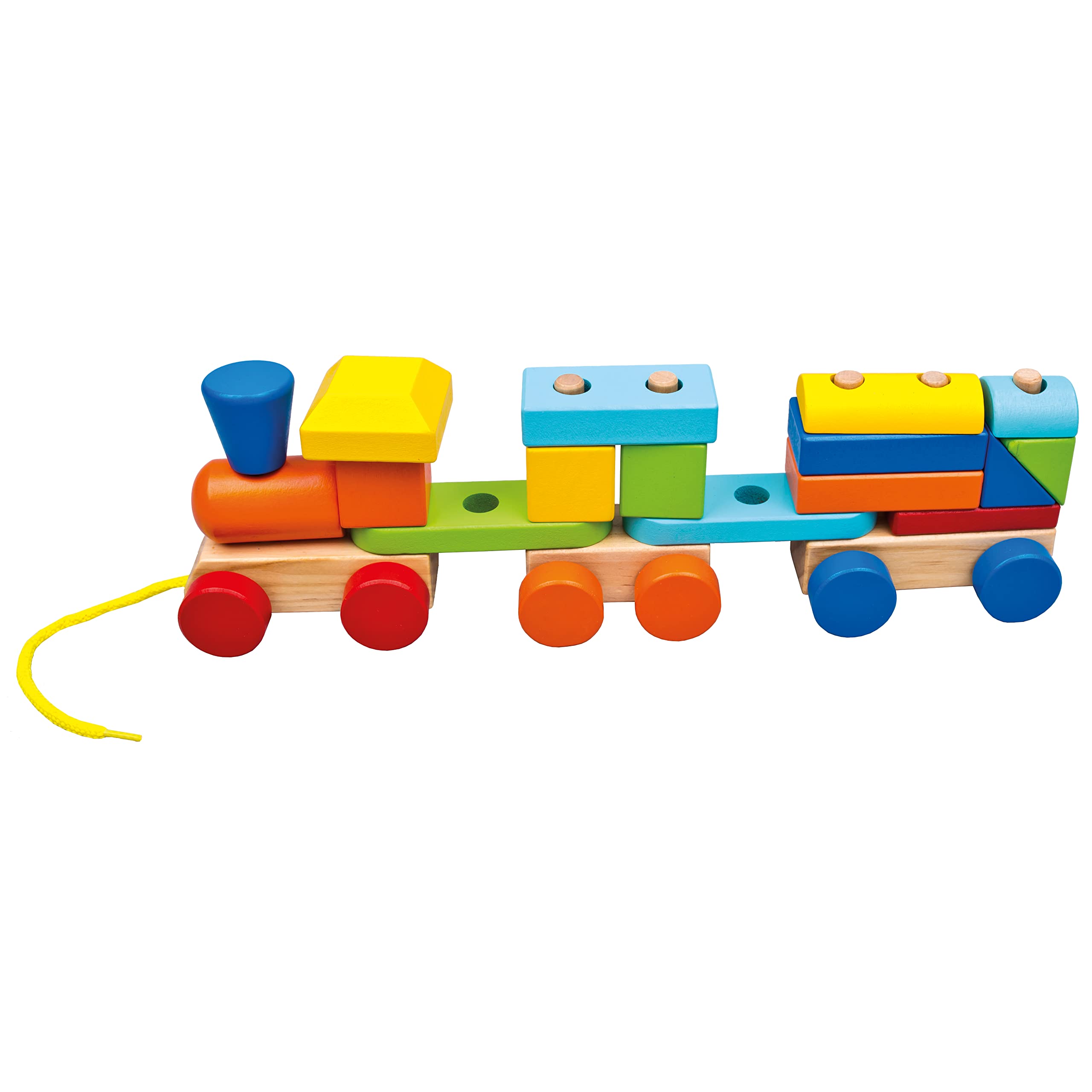 Bino 84089 - Wooden Stacking Train, Multicolour, 19 pcs. with Locomotive and Two Train Cars. Wooden Pull Along Train Set with Stacking Blocks. Suitable for Children from 18 Months. Size: 34×11×7 cm.