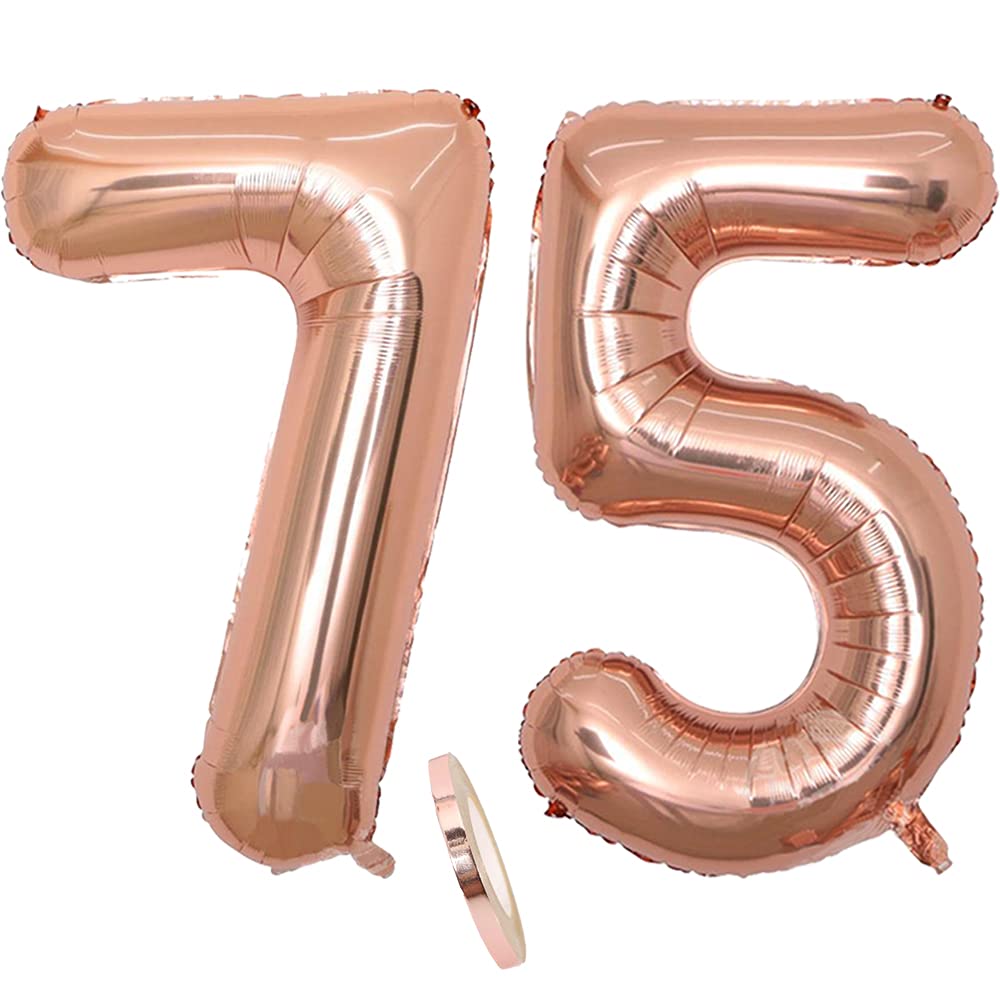 CHINPING Foil Balloon Number Decoration Rose Gold 75 for Women XXL 100 cm Giant Number Inflatable Helium Balloon Figures Numbers Balloons Gift for 75th Birthday Wedding Anniversary Party Decoration