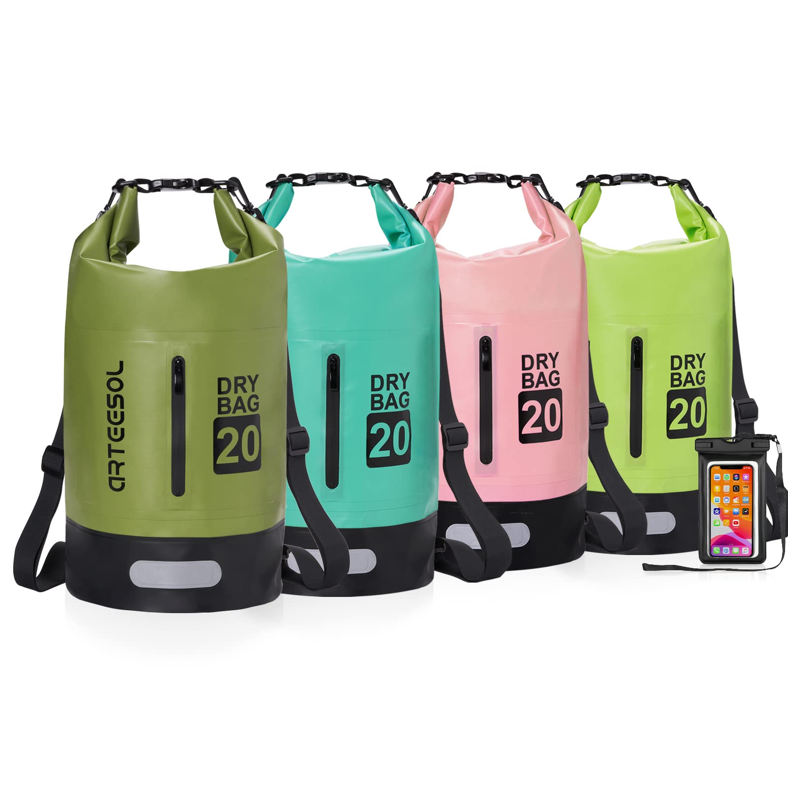 Dry Bag 5L 10L 20L 30L Waterproof Dry Bag/Sack with Phone Pouch Long Adjustable Strap for Kayaking Boat Tour Canoe/Fishing/Rafting/Swimming/Snowboarding 20L Green