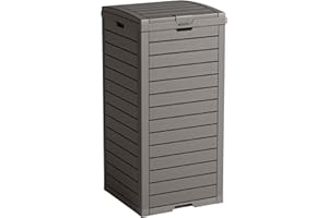 31 Gallon Outdoor Trash Can with Lid, Weather-Resistant Resin Garbage Bin, Slim Space-Saving Design, Pull-Out Leak Tray, Fast