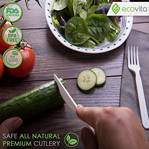 100% Compostable Disposable Forks Biodegradable Cutlery Set - 140 Large Utensils (7 in.) EcoFriendly Durable and Heat Resistant with Convenient Tray by Ecovita - Thumbnail 3
