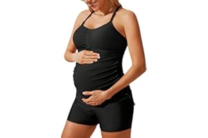 Maacie Maternity Athletic Tankini Swimsuits Two Piece Floral Print Ruched Tops with Shorts