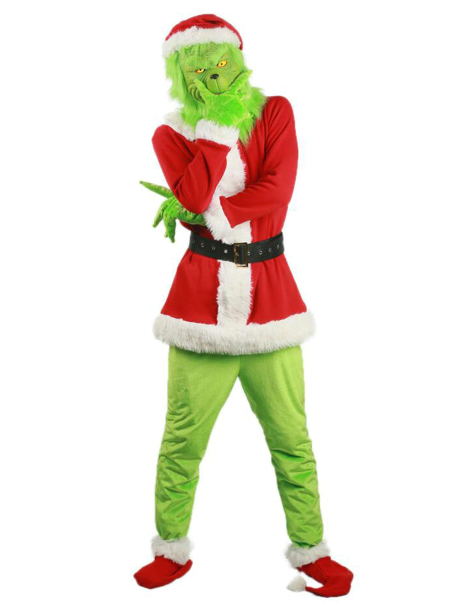 Wanyee Christmas Monster Deluxe Santa Costume with Green Funny Mask Christmas Hat,Furry Adult Kid Sa