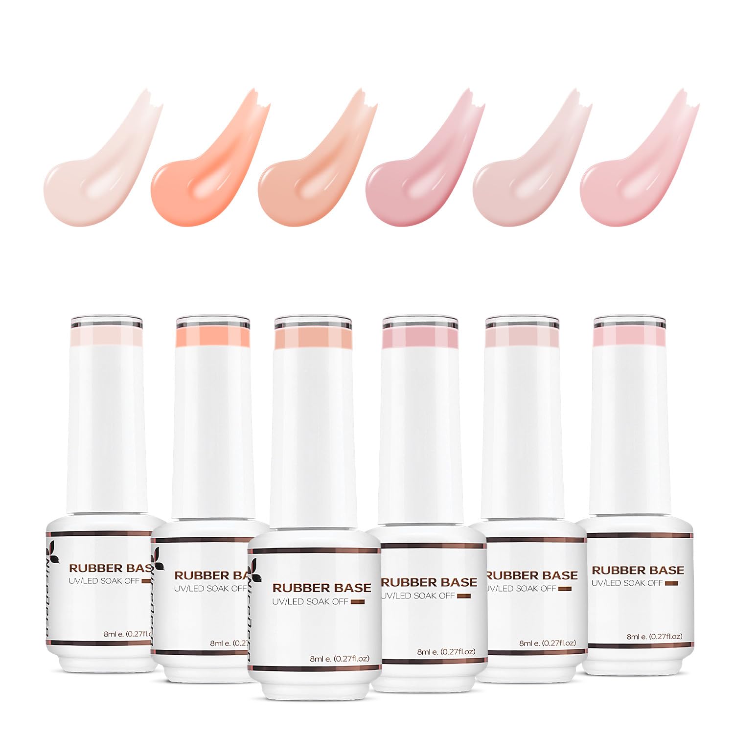 Nicedeco 4 In 1 Rubber Base Gel Set For Nails, Hema Free Nude Rose Pink Sheer Color Gel Nail Polish UV LED,Elastic Rubber Nail Strengthen Enhance Base Coat 6pcs x 8ml-Kit36