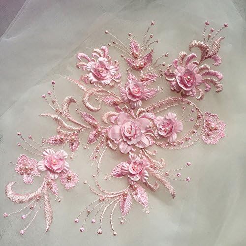 Delicate Blossom Flower Sewing Patch Beading 3D Embroidery Craft Appliques Floral Lace Applique with Pearl Details for Gown Dance Costume Tutu