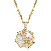 MTMY Birth Flower Necklace 14K Gold Plated Mother of Pearl Disc Birth Month Flower Pendant Necklaces for Women Personalized Custom Floral Jewelry Birthday Gift