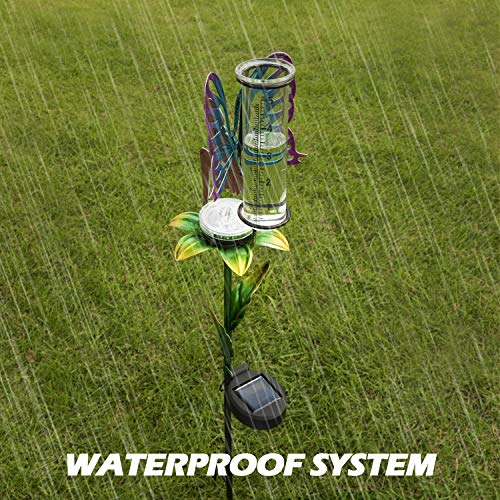 LeiDrail Rain Gauge Outdoor Solar Powered Garden LED Lights 5 Inch Capacity Fairy Decorative Metal Stake Waterproof Large Glass Large Tube for Yard Lawn Pathway
