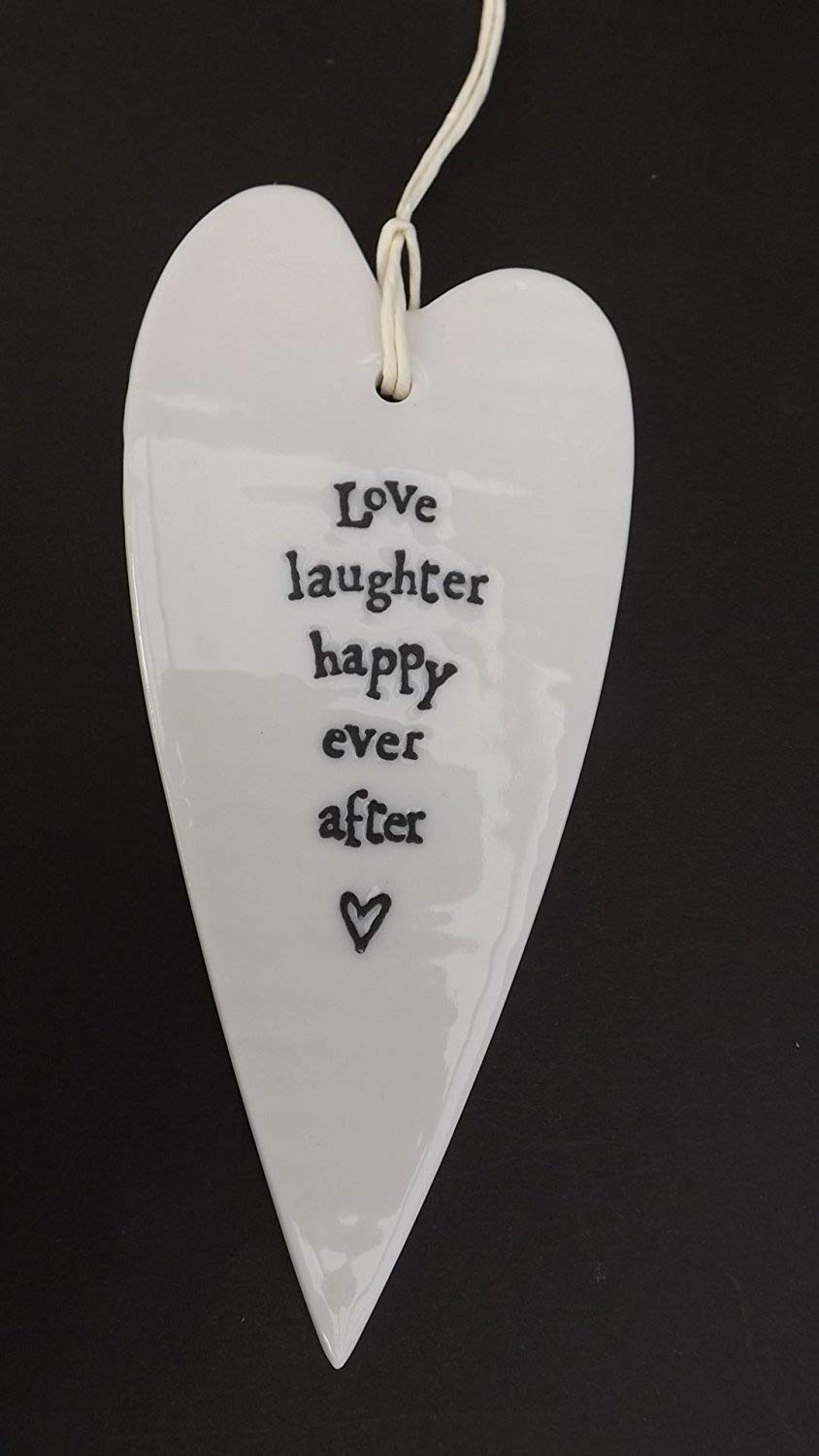 East of India Porcelain Hanging Heart Ornament - Love Laughter Happy Ever After - White - Wedding Occasion