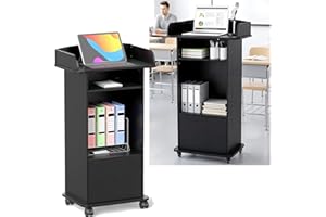 tonchean Podium Stand Desk with Wheel, 1Pack Lectern, Moderator's Podium Moveable Podium Stand Reception Desk with Drawer Chu