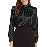 Neweek Womens Satin Blouses Long Sleeve Mock Neck Elegant Pleated Silk Shirts Tops for Business Casual Work