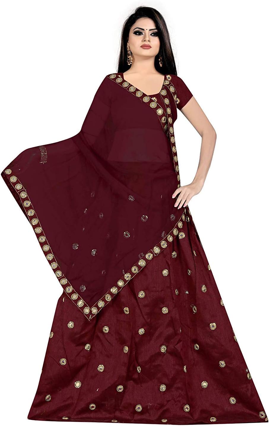 Sarvaiya Trendz Women's Mirror Worked Lehenga Choli with Heavy Dupatta Set Semi-Stiched(freesized) Maroon
