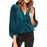Womens Velvet Tops V Neck 3/4 Puff Sleeve Fall Winter Trendy Dressy Casual Loose Christmas Party Holiday Tunic Shirts