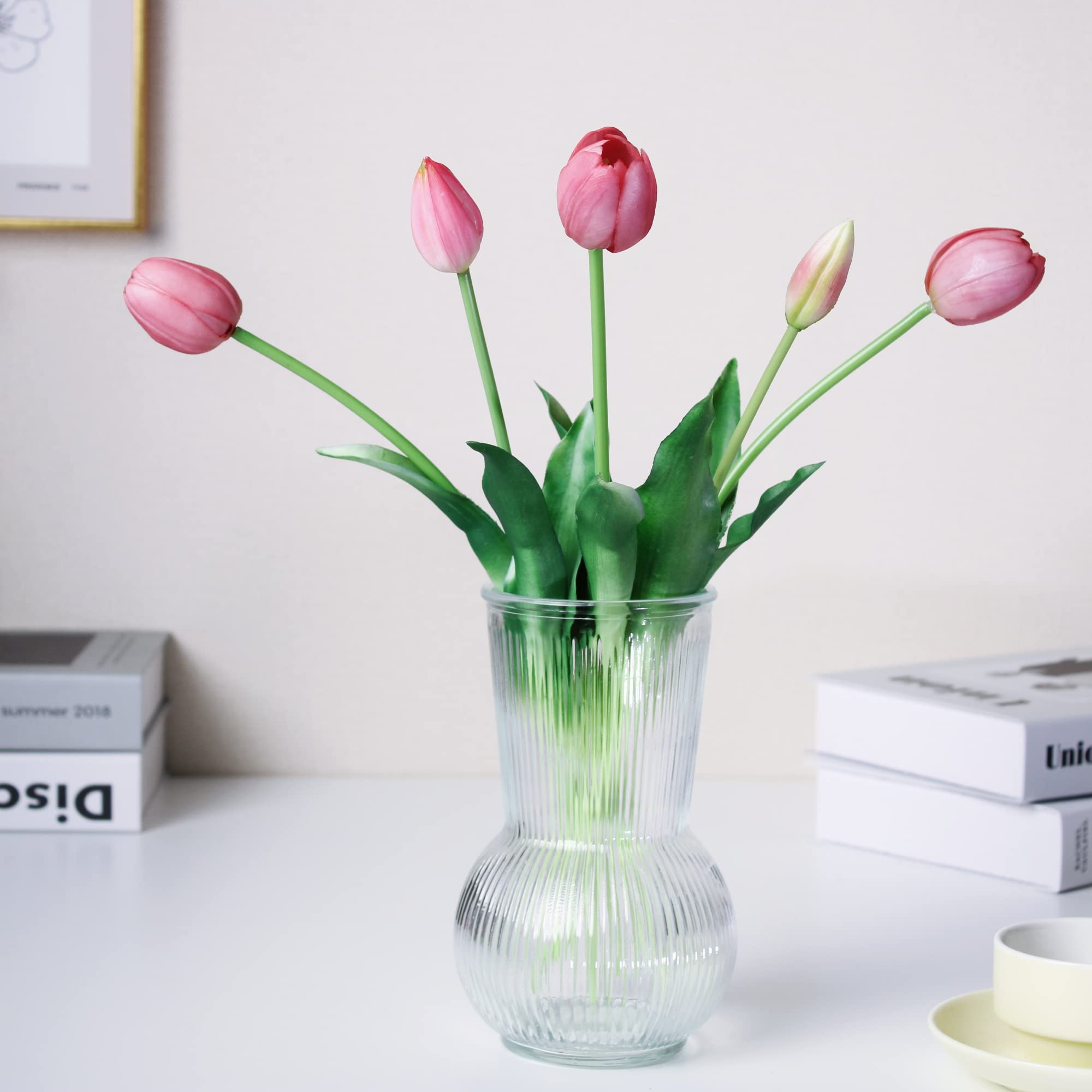 WAKISAKI 16-inch Premium Real Touch Fake Tulips, Artificial Flowers with Buds, Flexible Stem Easy to Shape, Faux Tulips (Vase not Included), 5-Pack Set of Tender Mauve