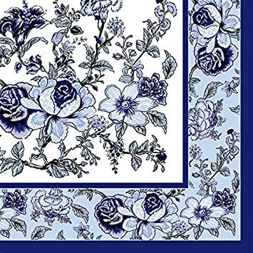 Dining Collection Decorative Pattern Paper Lunch Napkins - Blue Bountiful Blossoms, 20 Count, 6.5 inch