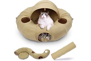 OUHOU Cat Tunnel Bed with Central Mat, Cat Tunnels for Indoor Cats with 4 Hanging Balls and 6 Peephole, Cat Donut Tunnel for Large Cats, Bunny- Yellow
