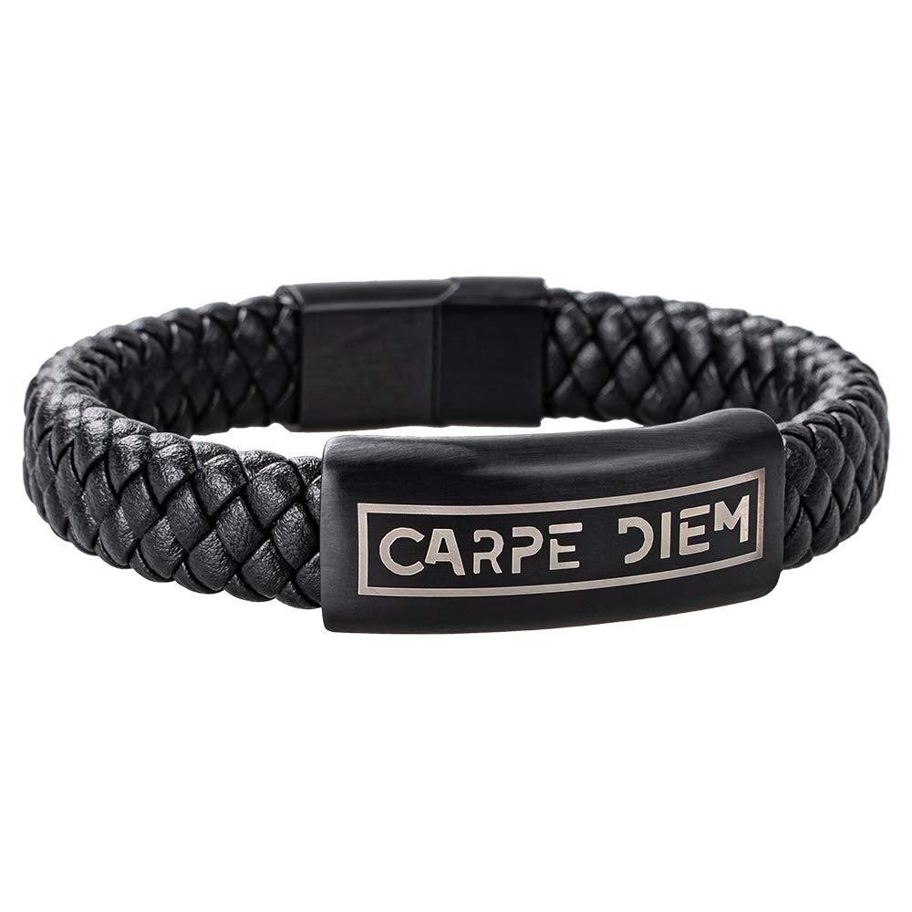 HOOF Men's Bracelet, Genuine Leather Jewellery, Black Braided Bangle with Carpe Diem Engraving, Elegant Box Box, Personalised Gift Idea, Father's Day, Christmas, Friends, Partner, up to XXXL, 19.5