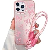 FXFOOT for iPhone 16 Case, Lovely Cute Bow Ribbon Love Heart Pattern, with Wrist Strap Phone Charm, Pink Lady for Women Girls