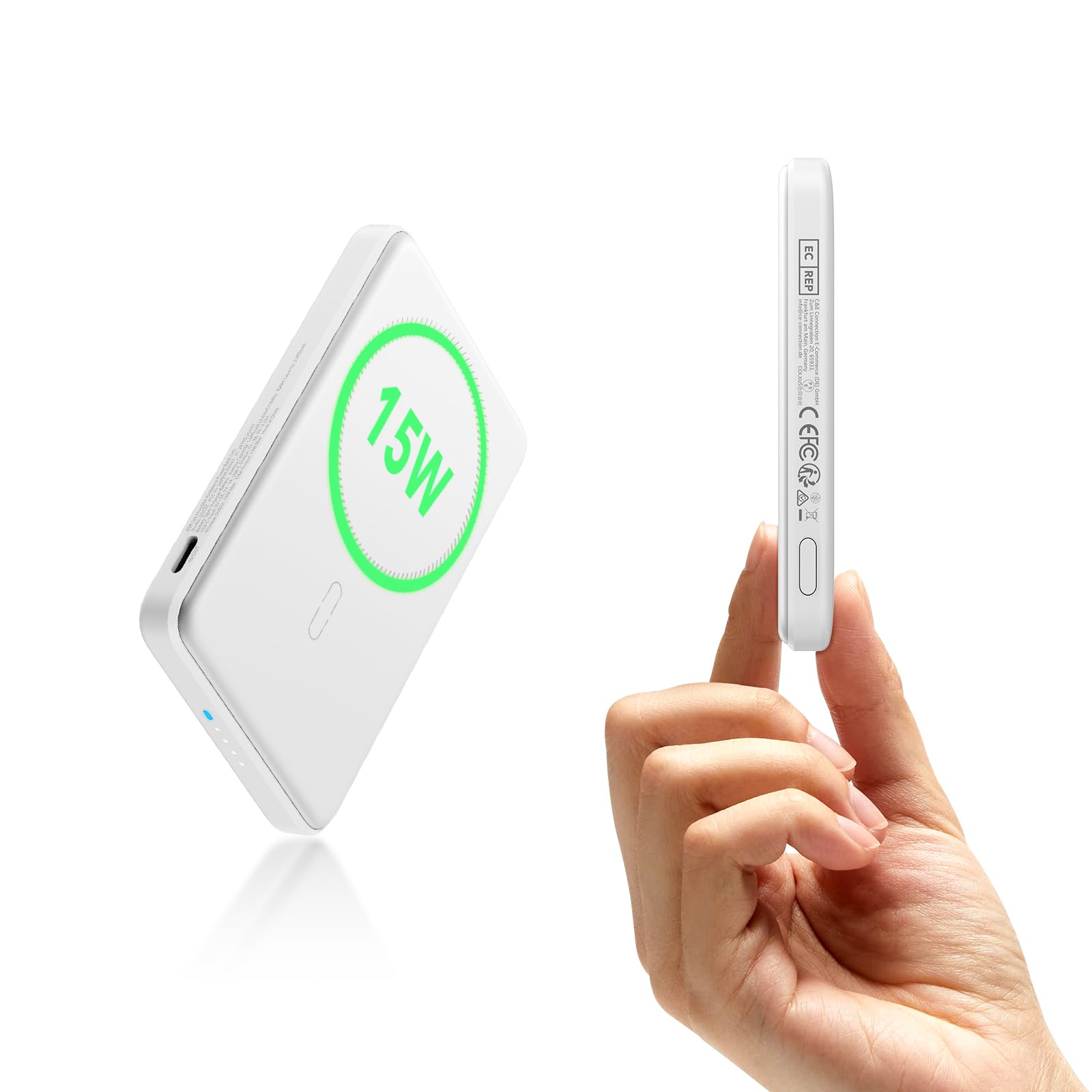 ESR 15 W zertifiziertes MagSafe Power Bank, 5.000mAh 15W schnelles tragbares Ladegerät, 1,4 cm kompakte Powerbank, MagSafe Ladegerät mit USB-C Kabel für iPhone 17/16/15/14/13/12/Google Pixel 10, Weiß