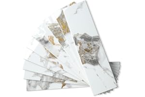 AULIGET 40-Piece Polished White Marble with Gold Peel and Stick Backsplash Wall Tiles, 3" x 12" PVC Faux Stone Stick on Tiles