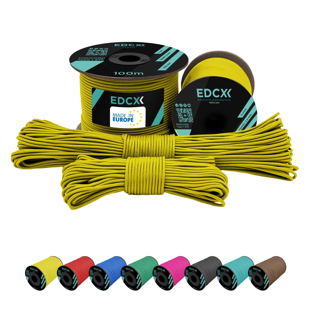 EdcX 2 mm Nylon Paracord 275 (15, 30, 50 and 100 m)– 100% Nylon rope, 3-Strand cord, Nylon cord 2 mm in Many Colours (Yellow, 15 m)