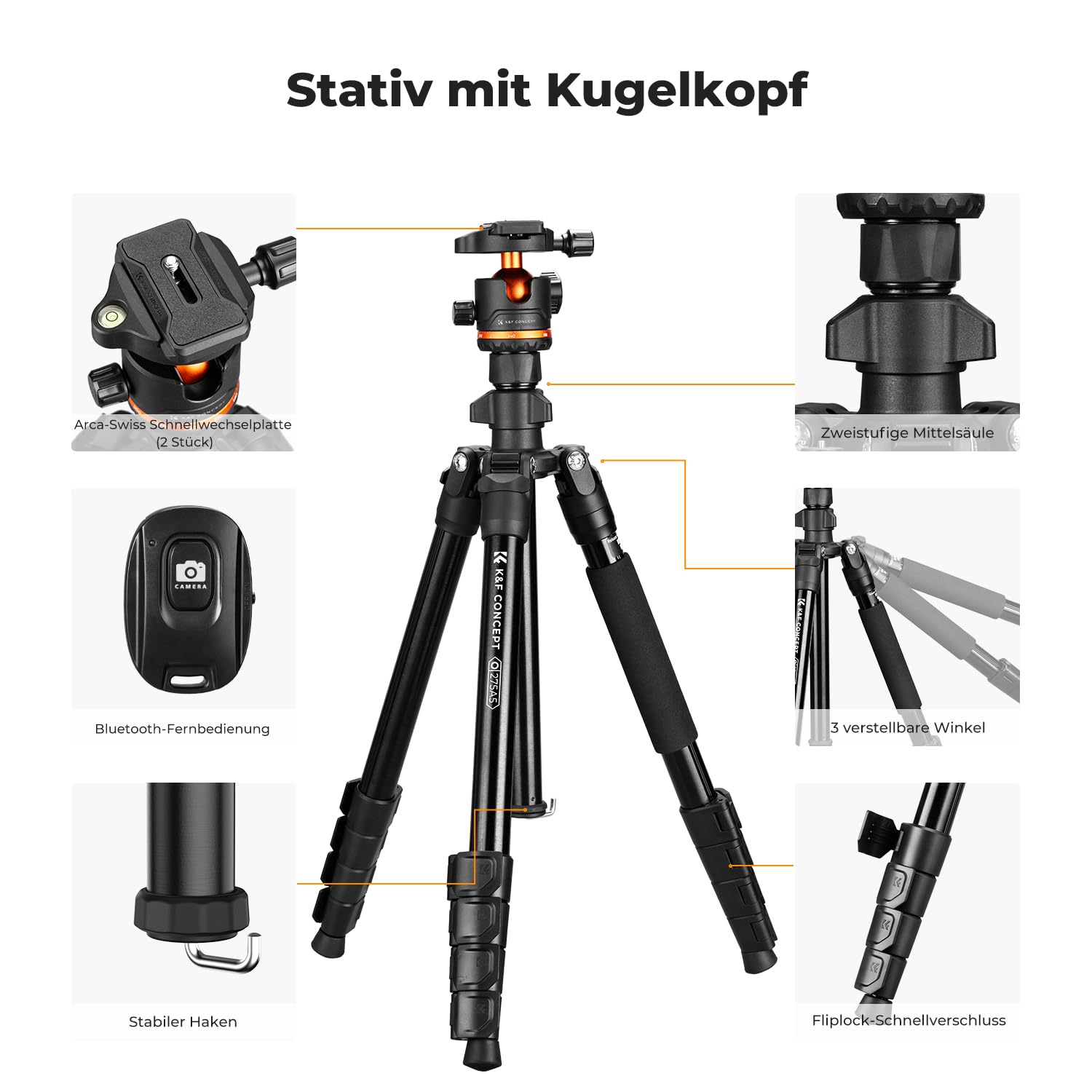 Kamerastativ, K&F CONCEPT Handy-Stativ,192cm Stativ mit Handyhalterung, Tripod für unterwegs, Stativkamera für Smartphone, Aluminium Reisestativ O275A5+BH-36 2