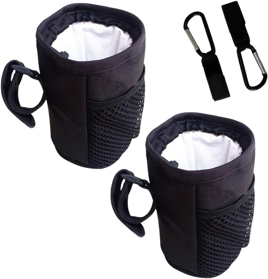 SITAKE 2Pcs Adjustable Water Bottle Holder with 2Pcs Multifunctional Hooks for Baby Strollers, Shopping Carts, Wheelchairs- Black