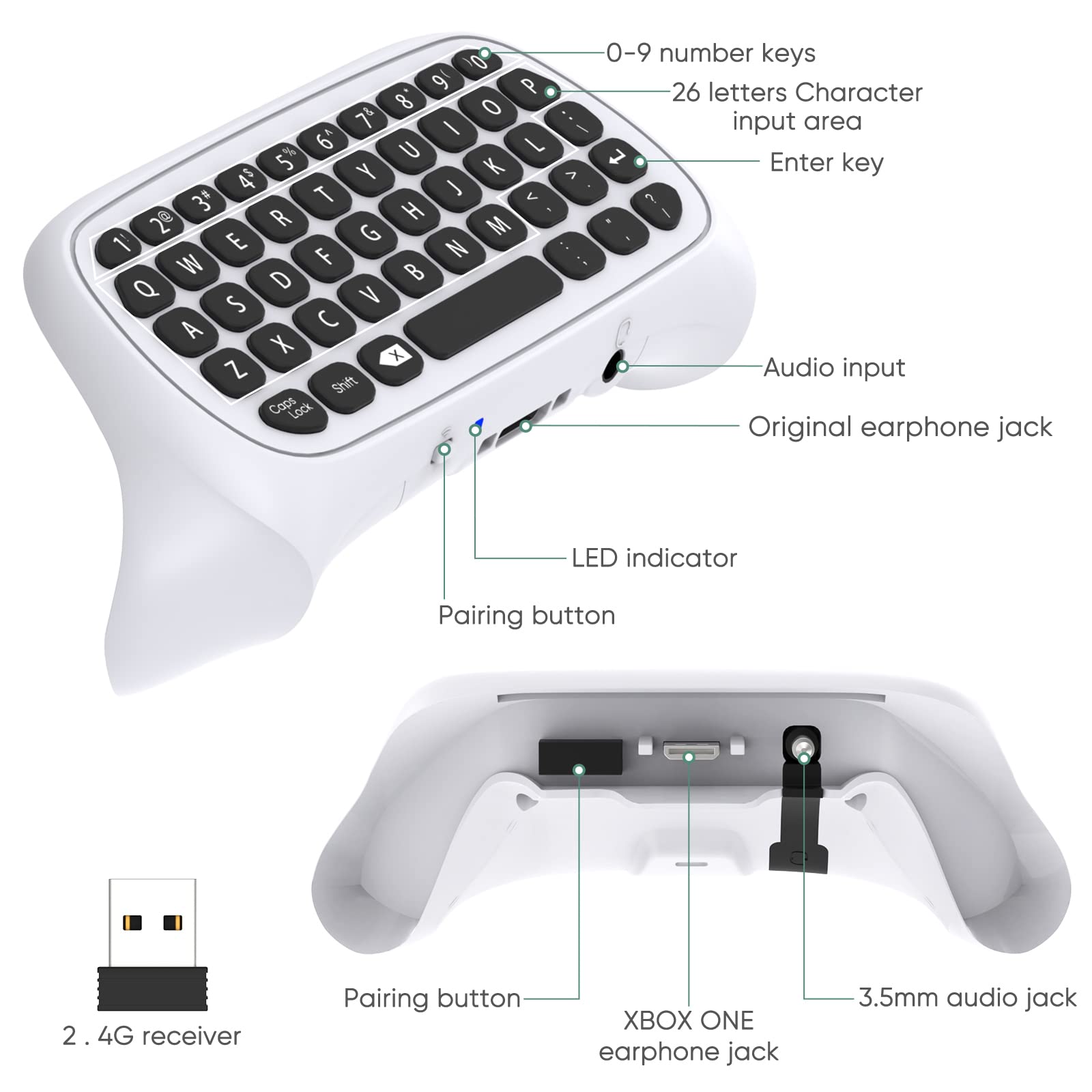 Controller Keyboard for Xbox Series X/S, Wireless 2.4G Ergonomic USB Gamepad Keypad QWERTY Chatpad with Audio and Headset Jack for Game Live Chat Compatiable with Xbox Series S/Series X/One/One S