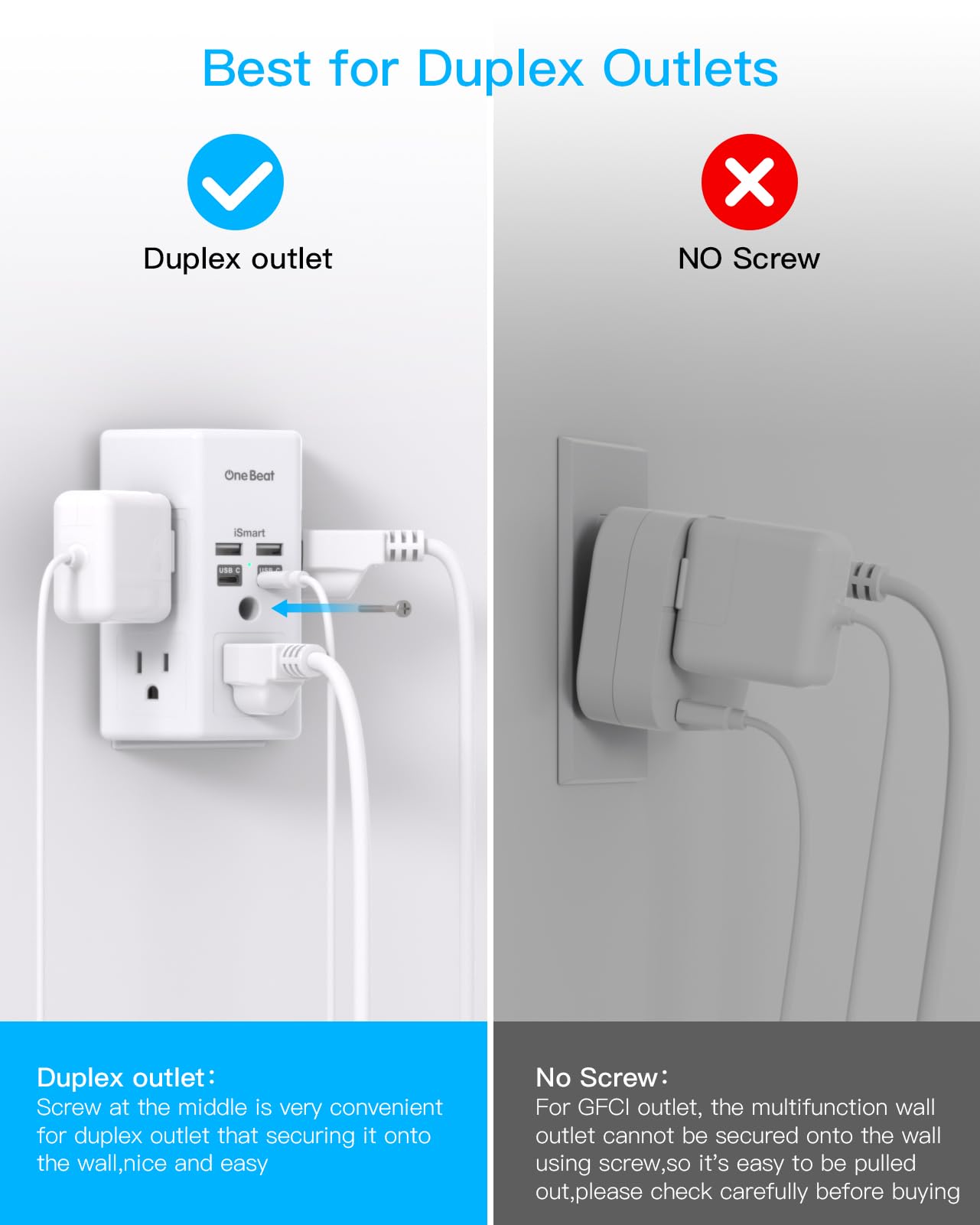 One Beat 1680J 3 Side Power Strip Multi Plug Expander, Surge Protector, 5 Outlets Extender, 4 USB Ports (USB C), Wall Mount Charger, Outlet Splitter Adapter for Home, Travel, Office, ETL Listed, White