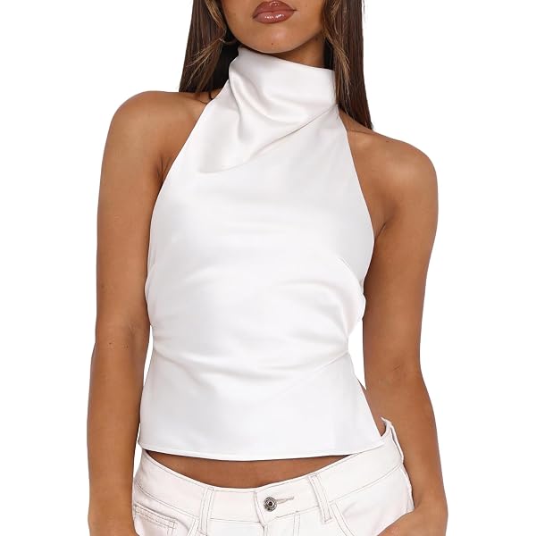 Women Halter Backless Tank Tops Cute High Mock Neck Cami Sexy Open