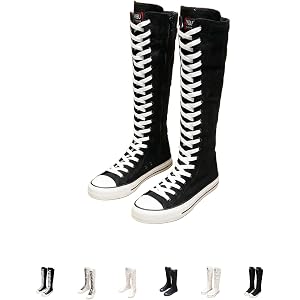Womens High Top Canvas Sneakers, Knee High Lace Up Boots with Side Zipper, Women’s Tall Canvas Sneakers for Casual Wear