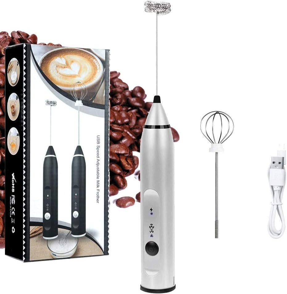 SPORTNET 2 Handheld USB Rechargeable Gift for Coffee Lovers, 3 Speeds for Lattes, Cappuccino-2 Stainless Steel Whisks (Silver)