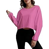 MATEAM Womens Workout Tops Casual Sweatshirt Long Sleeve Cropped Plain t Shirts Crewneck Ladies Going Out Crop Loose Fit Early Fall Fashion Clothing for Women Trendy Rose Pink XS