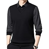 Men's Striped Lapel Fake Two-Piece Shirt Long Sleeve, Fake 2-Piece Knitted Shirt, Casual Sweater Polo Shirts