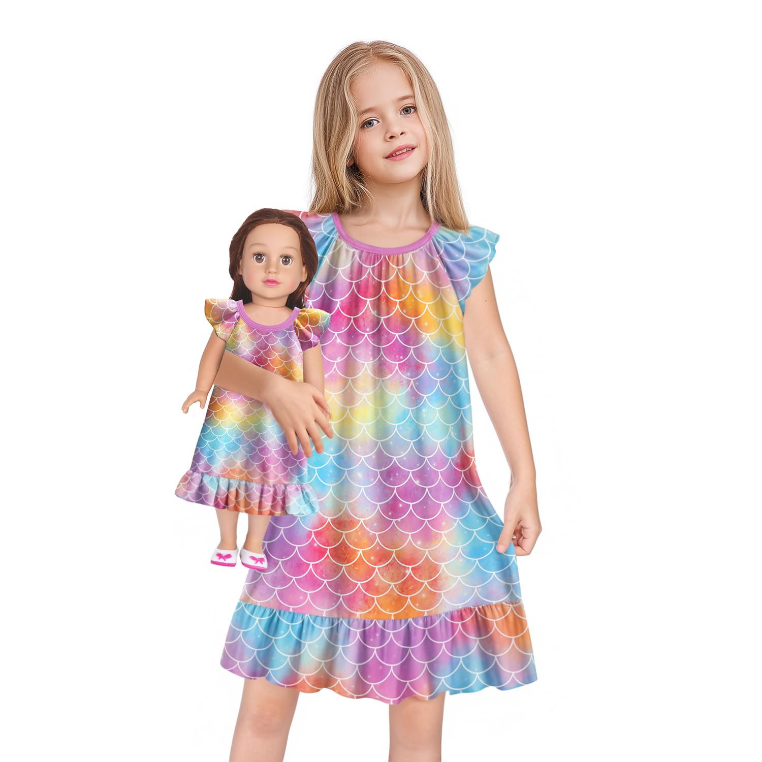 Photo 1 of LQSZ Matching Doll and Girls Nightgowns Mermaid Princess Flutter Short Sleeves Nightie Pajamas for Girls & 18" Dolls Clothes 7 8t