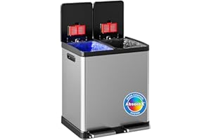 iTouchless 60 Liter / 16 Gallon Dual Compartment Kitchen Trash Can & Recycling Bin, Odor Filter, Soft-Close, Hands-Free Step Pedals, 2x 8-Gal Color-Coded Buckets, Smudge-Resistant Stainless Steel