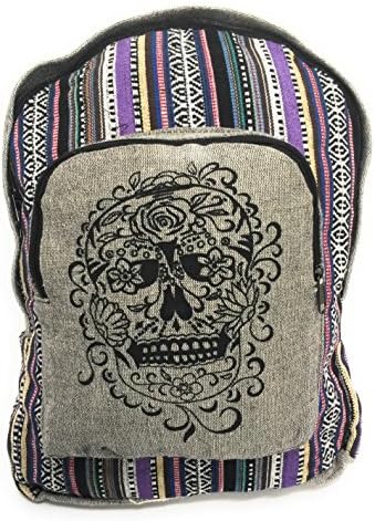 Bohemian Sugar Skull Striped Rucksack Backpack (Gray)