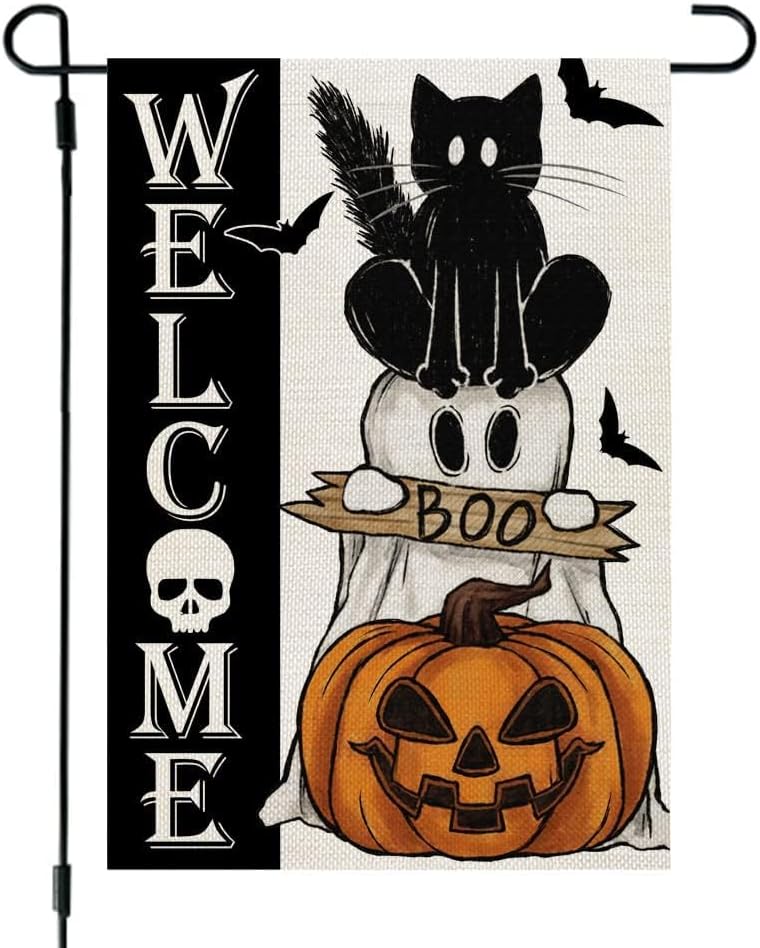 Flags - CROWNED BEAUTY Halloween Ghost Cat Boo Garden Flag 12x18 Inch Small Double Sided Burlap Welcome Seasonal Holiday Yard Outside