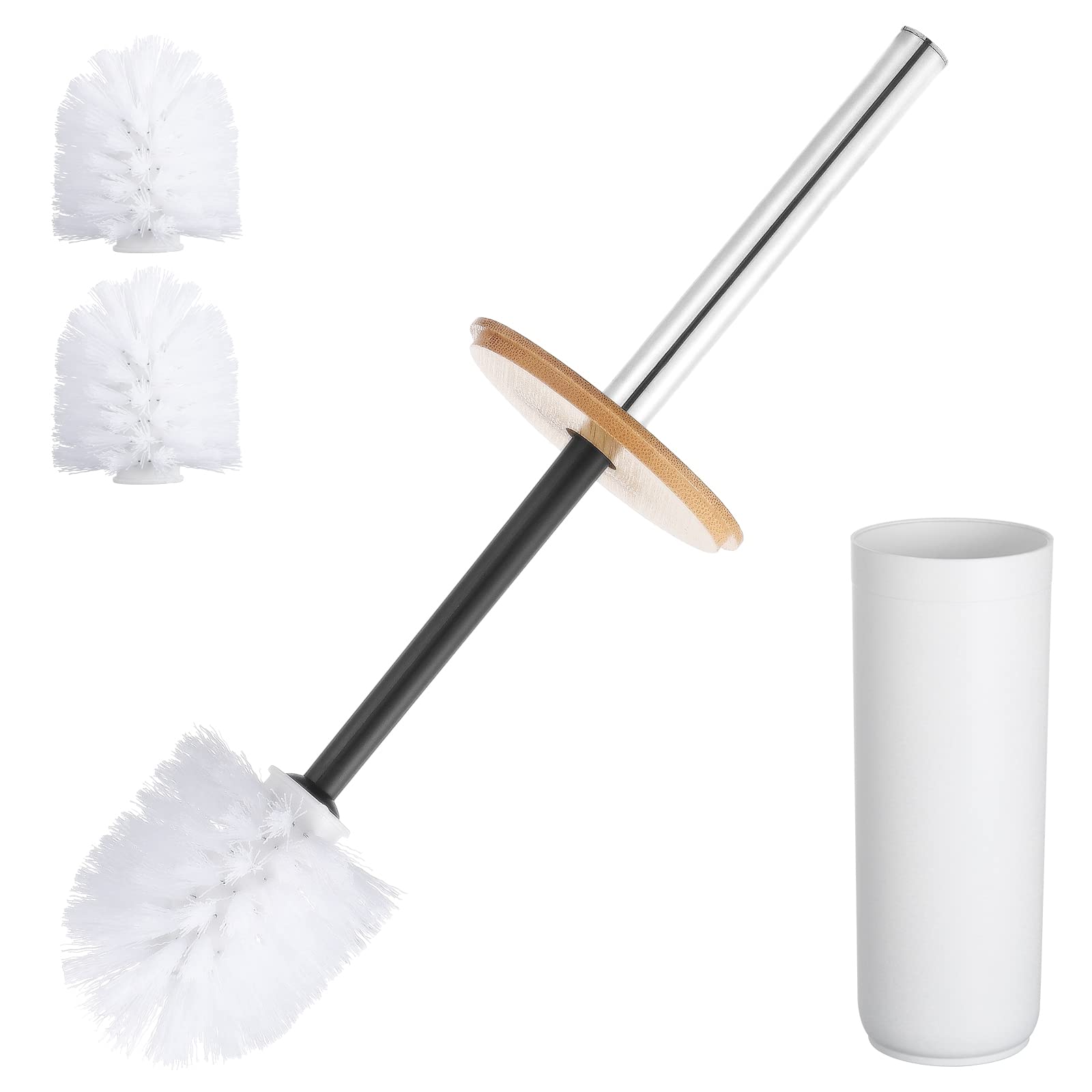 KEESIN Toilet Brush Bamboo Plastic Toilet Brush Set with Storage Bucket,3PCS brush heads for Decorative Bathroom Accessories (White)
