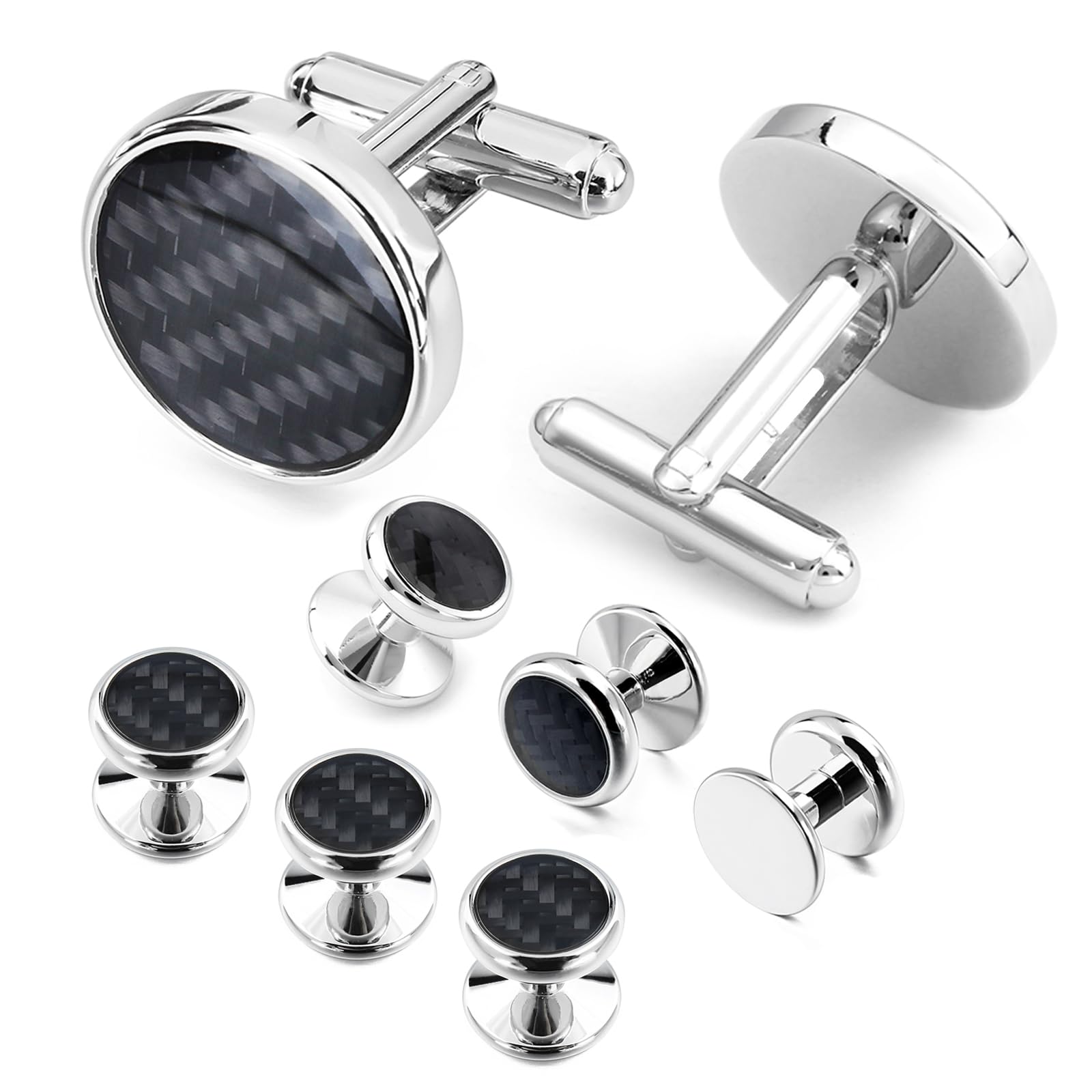 HAWSON Cufflinks and Studs for Men-Fashion Men Vintage Enamel Carbon Fiber Tuxedo Shirt Cufflinks and Studs Set for Regular Wedding Business Accessories, Metal