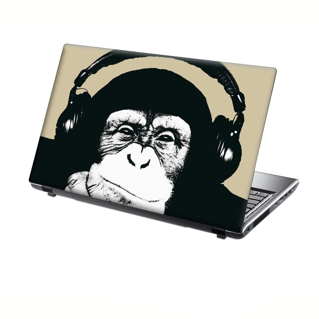 TaylorHe 15.6 inch 15 inch Laptop Skin Vinyl Decal with Colorful Patterns and Leather Effect Laminate MADE IN BRITAIN Funny Chimp wearing Headphones