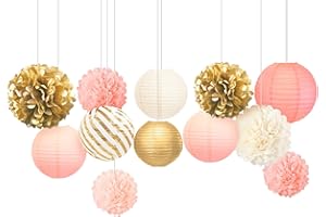 AOBKIAT Birthday Party Decorations Set for Girls Women,12PCS Pink Gold Tissue Paper Pom Poms Lanterns Flowers,for Engagement,Wedding,Baby Shower,Bridal Shower,Girl Party