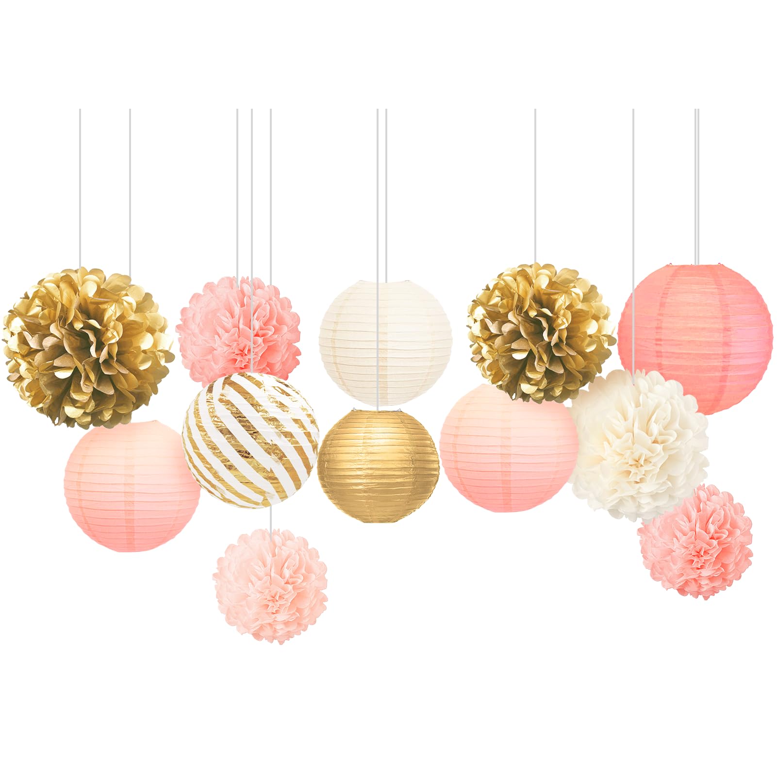Photo 1 of AOBKIAT Birthday Party Decorations Set for Girls Women,12PCS Pink Gold Tissue Paper Pom Poms Lanterns Flowers,for Engagement,Wedding,Baby Shower,Bridal Shower,Girl Party