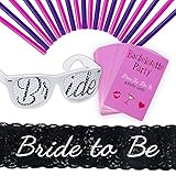Bachelorette Party Games Kit - Bride To Be Sash, Naughty Dare Cards, Bride To Be Sunglasses, Straws