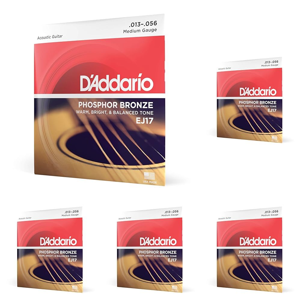 D'Addario Guitar Strings - Acoustic Guitar Strings - Phosphor Bronze - For 6 String Guitar - Warm, Bright, Balanced Tone - EJ17 - Medium, 13-56 (Pack of 5) — image 1