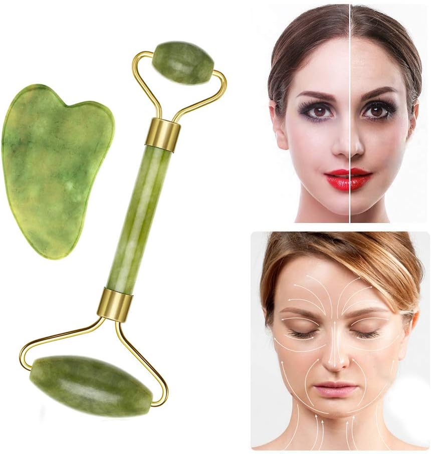Jade Roller& Gua Sha Scraping Tool Set, Anti-Aging Facial Jade Stone Roller 100% Natural Jade Stone Face Roller for Rejuvenates Face and Neck Skin, Cheeks Slimmer, Skin Tightening, Skin Firming